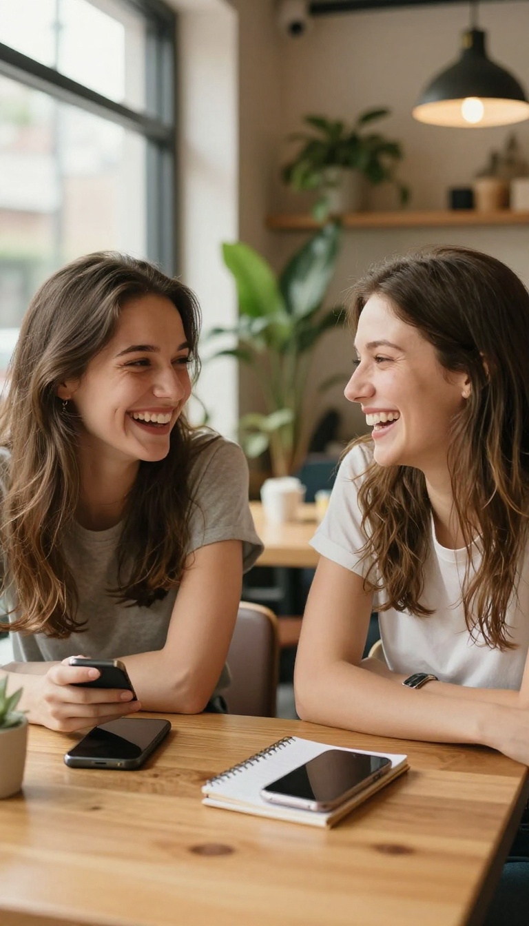 Two women friends laughing together over coffee in a bright cafe, reconnecting after a long time.