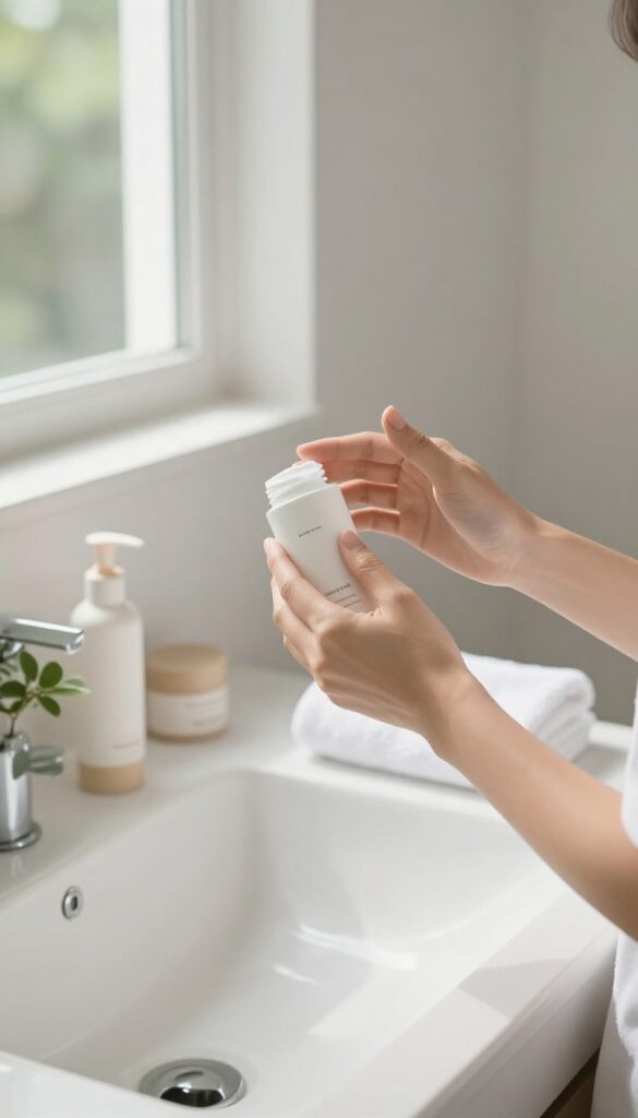 Woman applying skincare cream in a bright, minimal bathroom setting with natural light