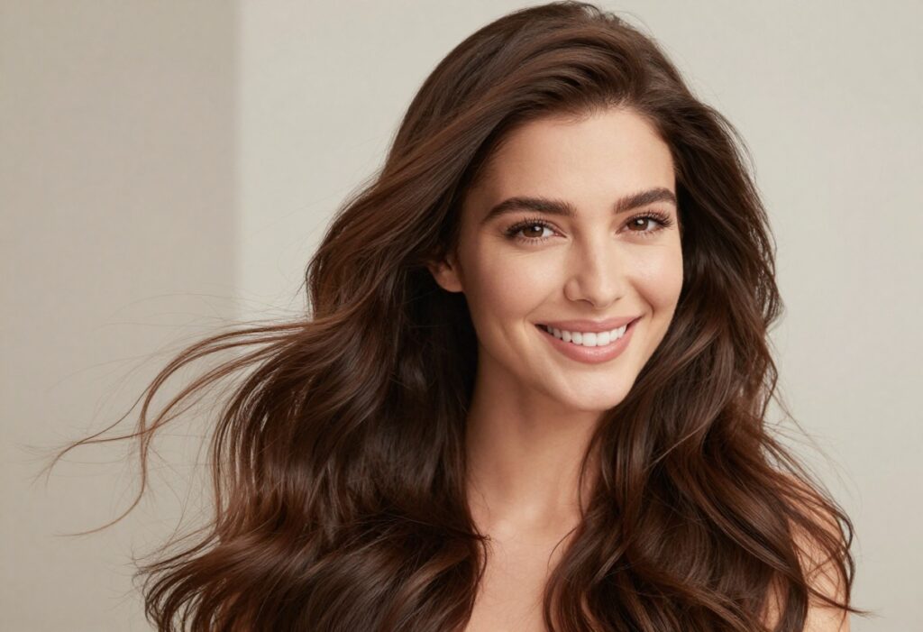 Woman with shiny, healthy hair smiling softly