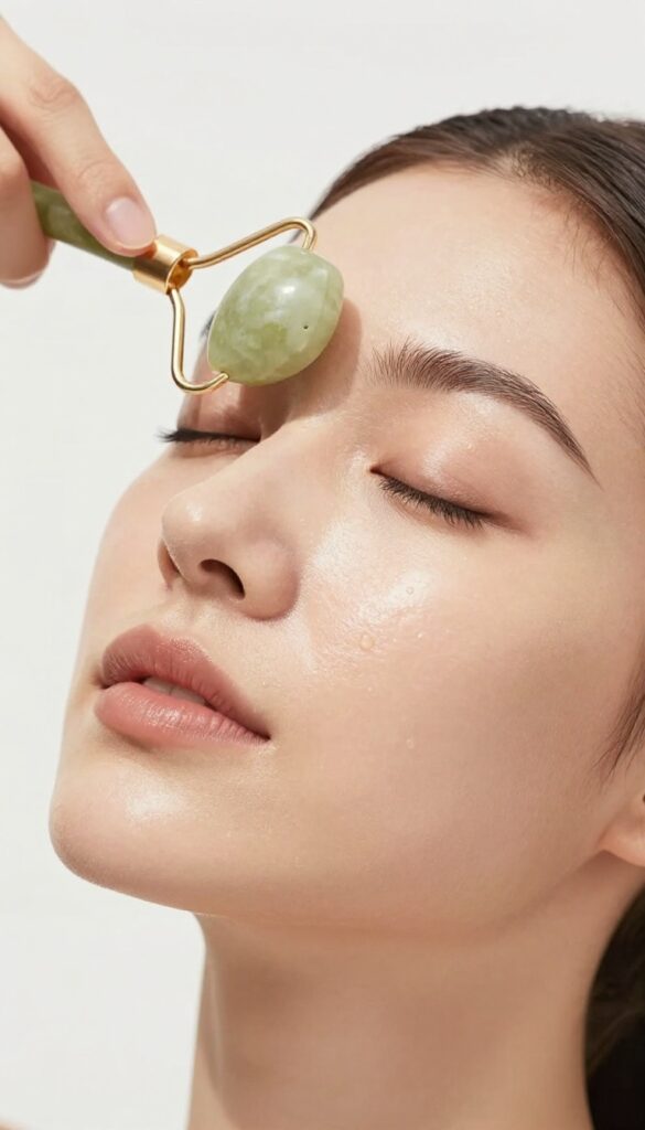 Woman using a jade roller on her face for a lymphatic drainage facial massage