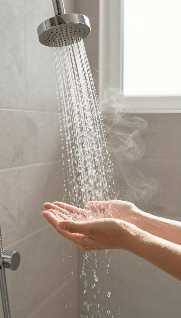 Hand under a warm shower stream in a bright, clean bathroom, highlighting the gentle water temperature for skin care.