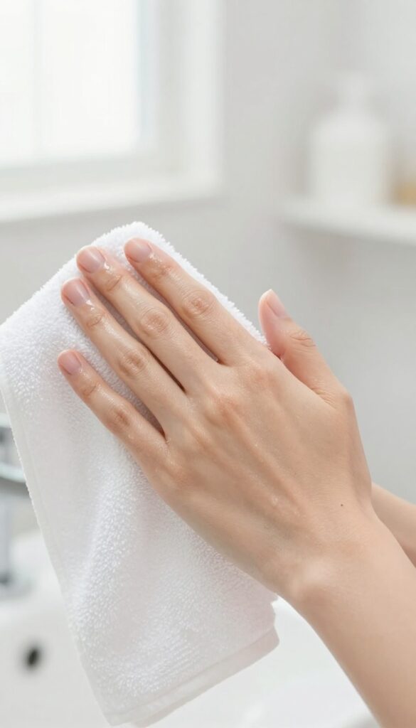 Woman gently patting her damp skin with a soft white towel after a shower, bright natural light, skincare routine