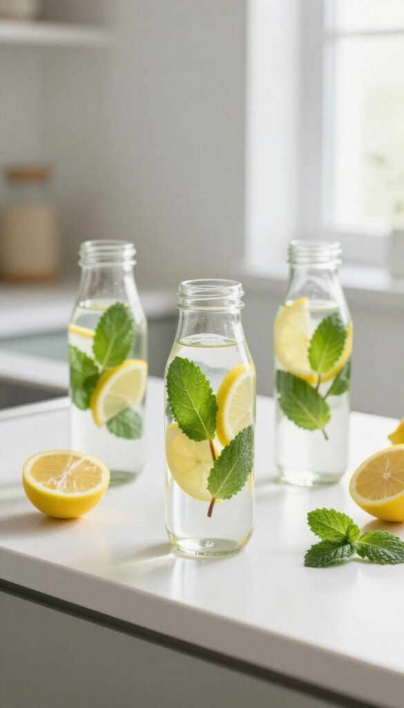 A clear water bottle with lemon and mint slices on a bright kitchen counter, symbolizing hydration for a glow up.