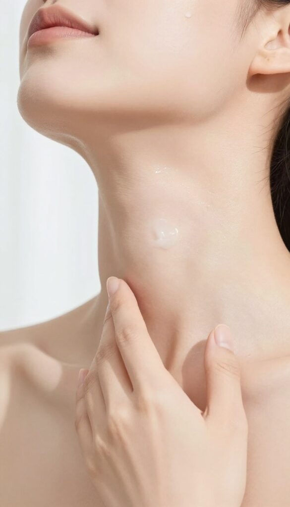 Woman applying skincare cream to her neck and chest in bright natural light, with smooth glowing skin.
