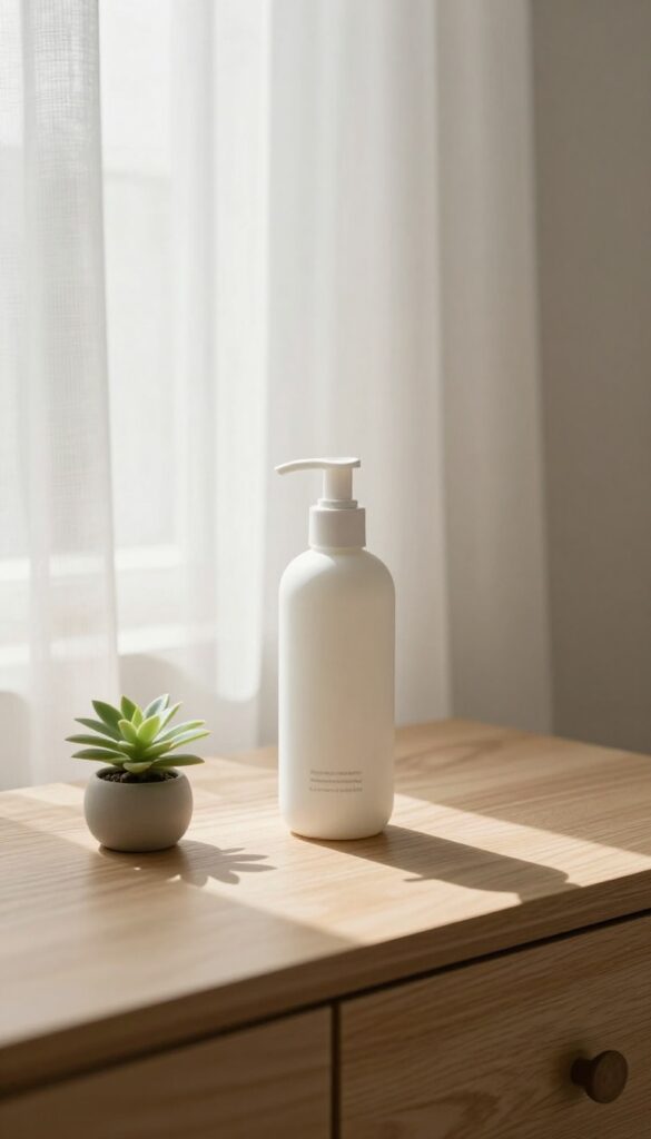 Body lotion bottle stored on a dresser in a cool, shaded corner of a bright bedroom