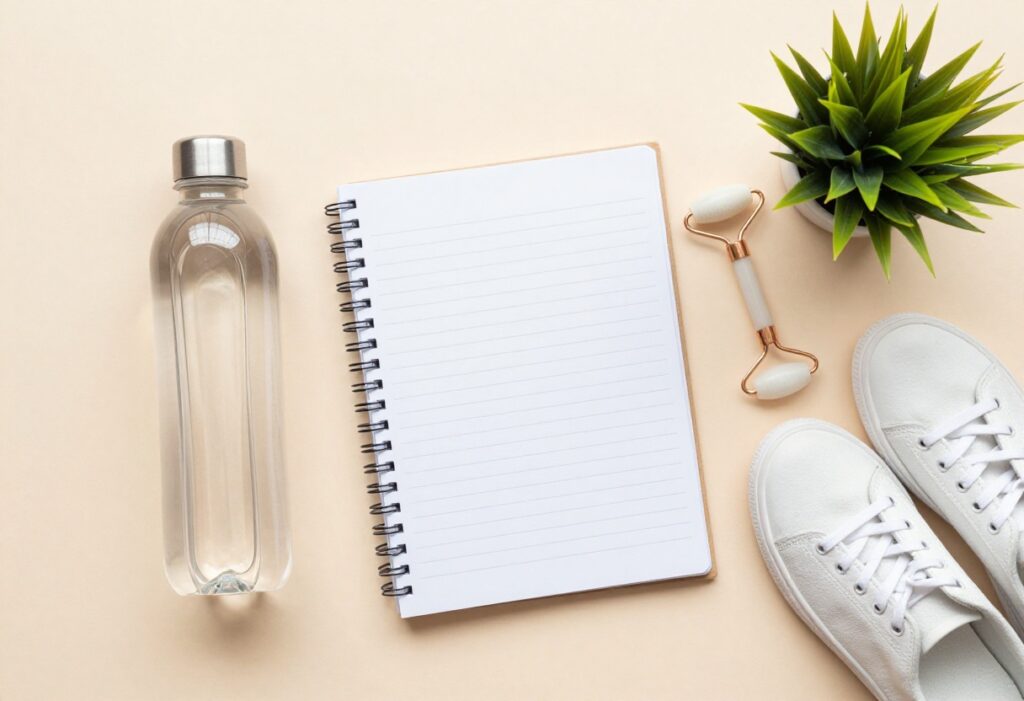 Flat lay of glow up challenge essentials including water bottle, journal, face roller, plant, and sneakers