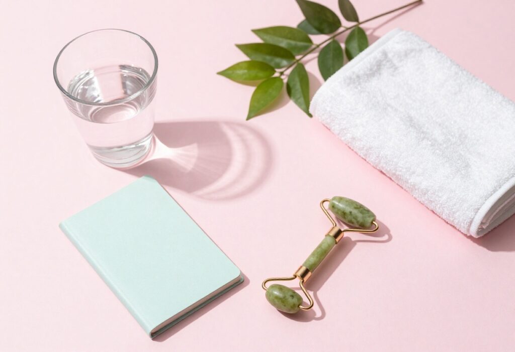 Flat lay of self-care items including water, journal, plant, and jade roller