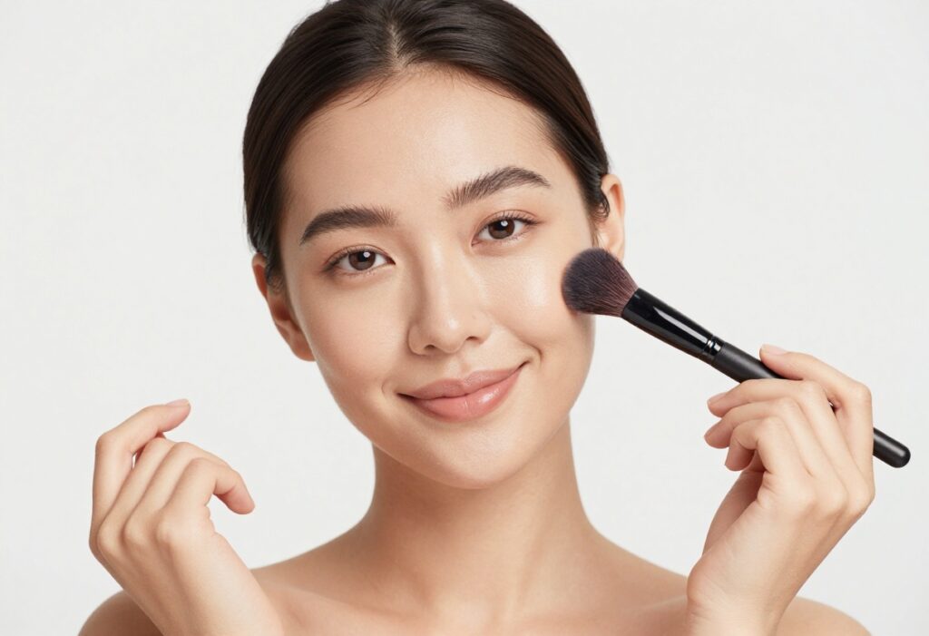 Woman with soft fresh makeup look holding a makeup brush