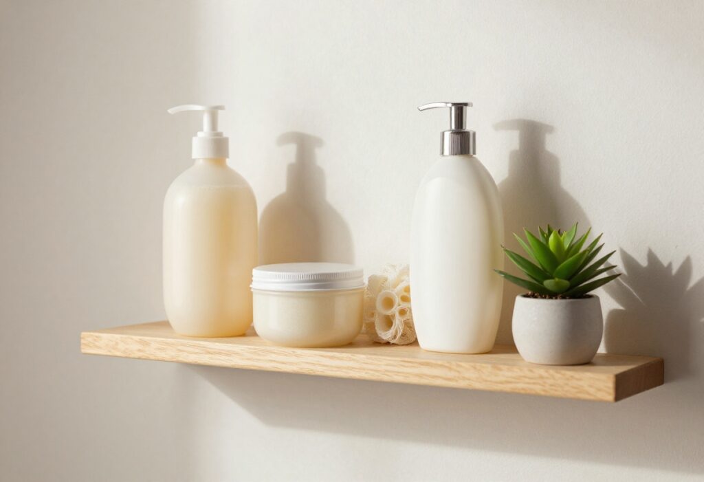 Shower shelf with bath and body care products