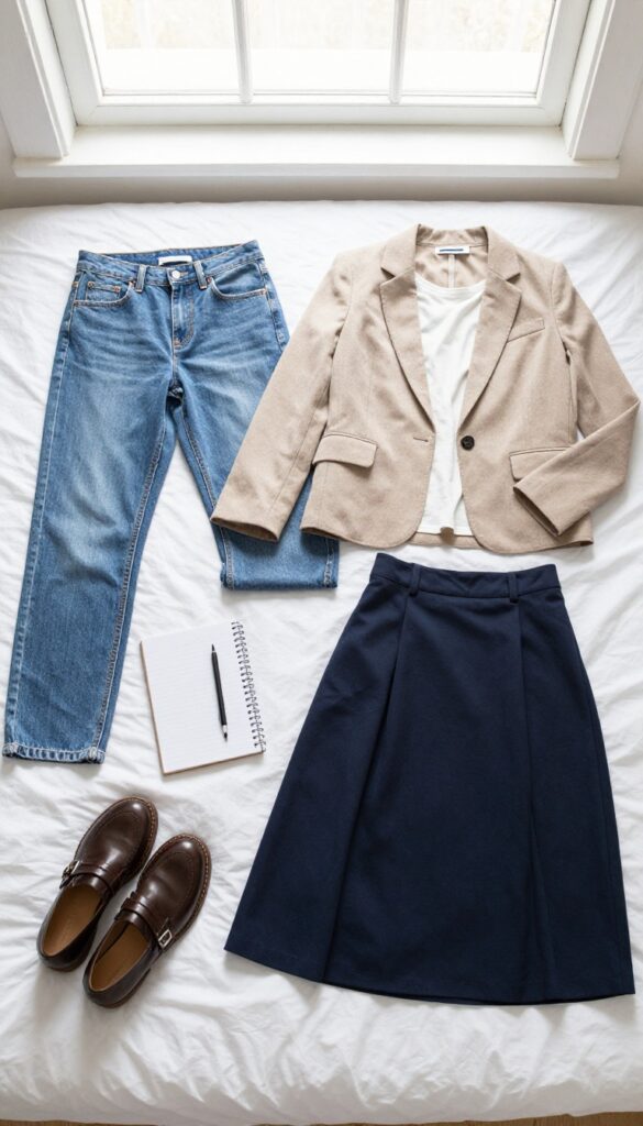 A flat lay of a week's worth of school outfits, neatly arranged on a bed with neutral basics and accessories, in bright natural light
