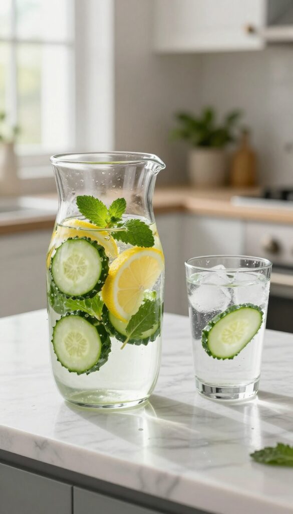 A refreshing glass of cucumber-infused water on a marble counter, symbolizing hydration for healthy skin.