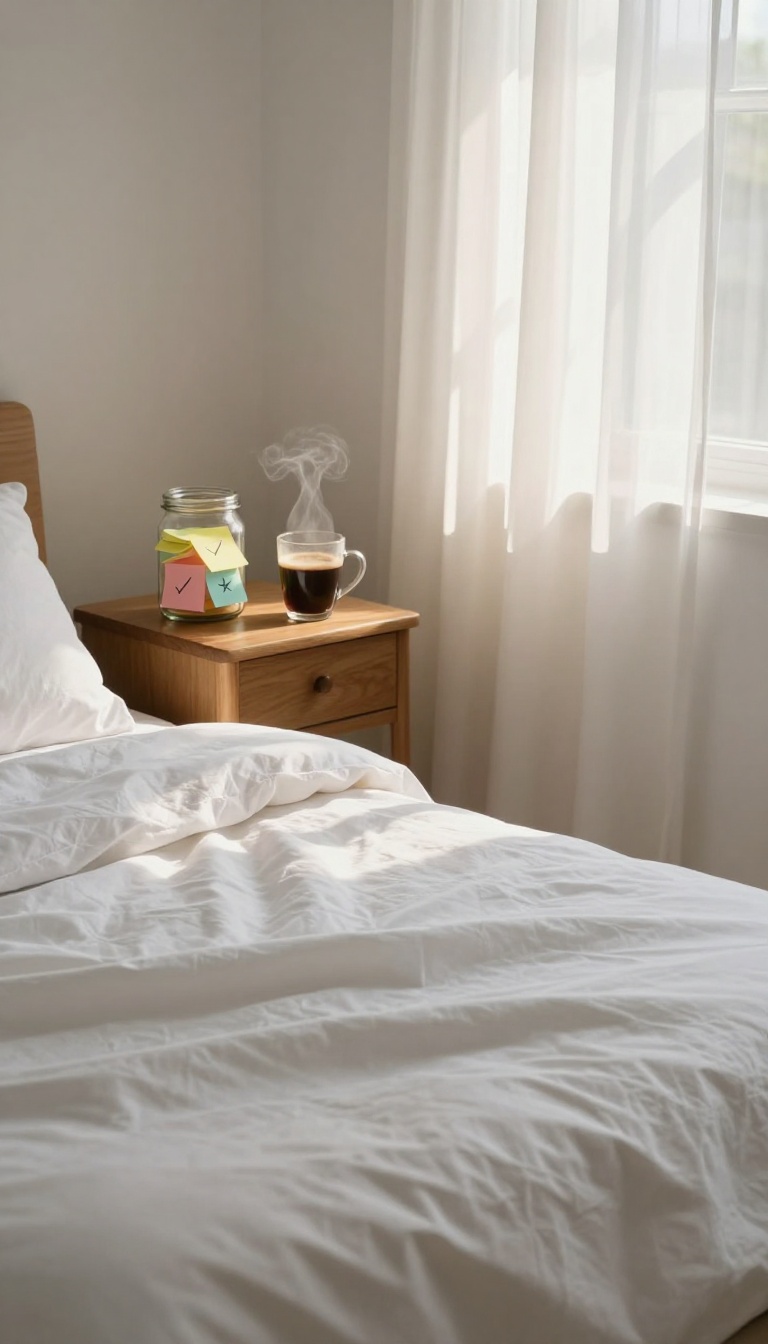 A bright bedroom with a jar of sticky notes and a coffee cup on a bedside table, symbolizing daily small wins.
