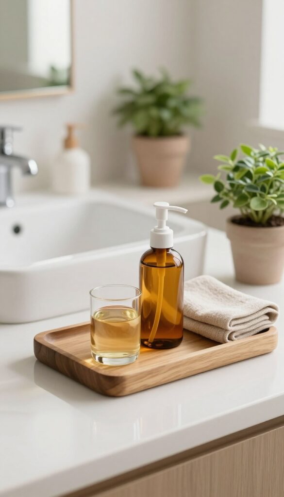 A wooden tray with body care essentials on a bathroom counter, featuring soap, oil, lotion, a washcloth, and a small plant, creating a calm and organized self-care display.