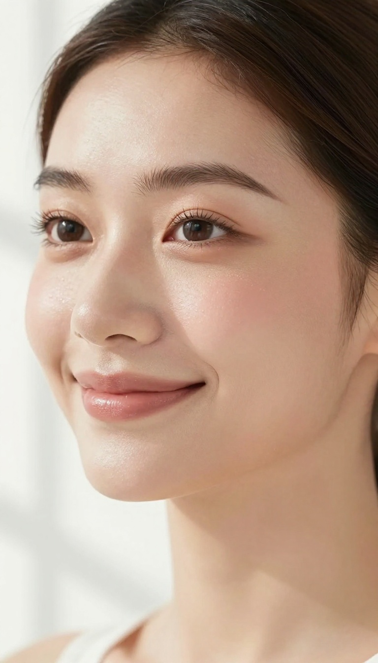 Woman with natural makeup and dewy skin, looking fresh and radiant