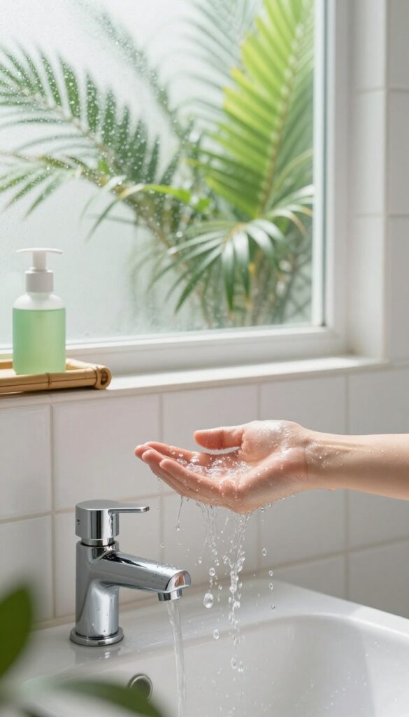Person turning on a cool shower in a bright Indonesian bathroom with tropical plants outside, water splashing on skin.