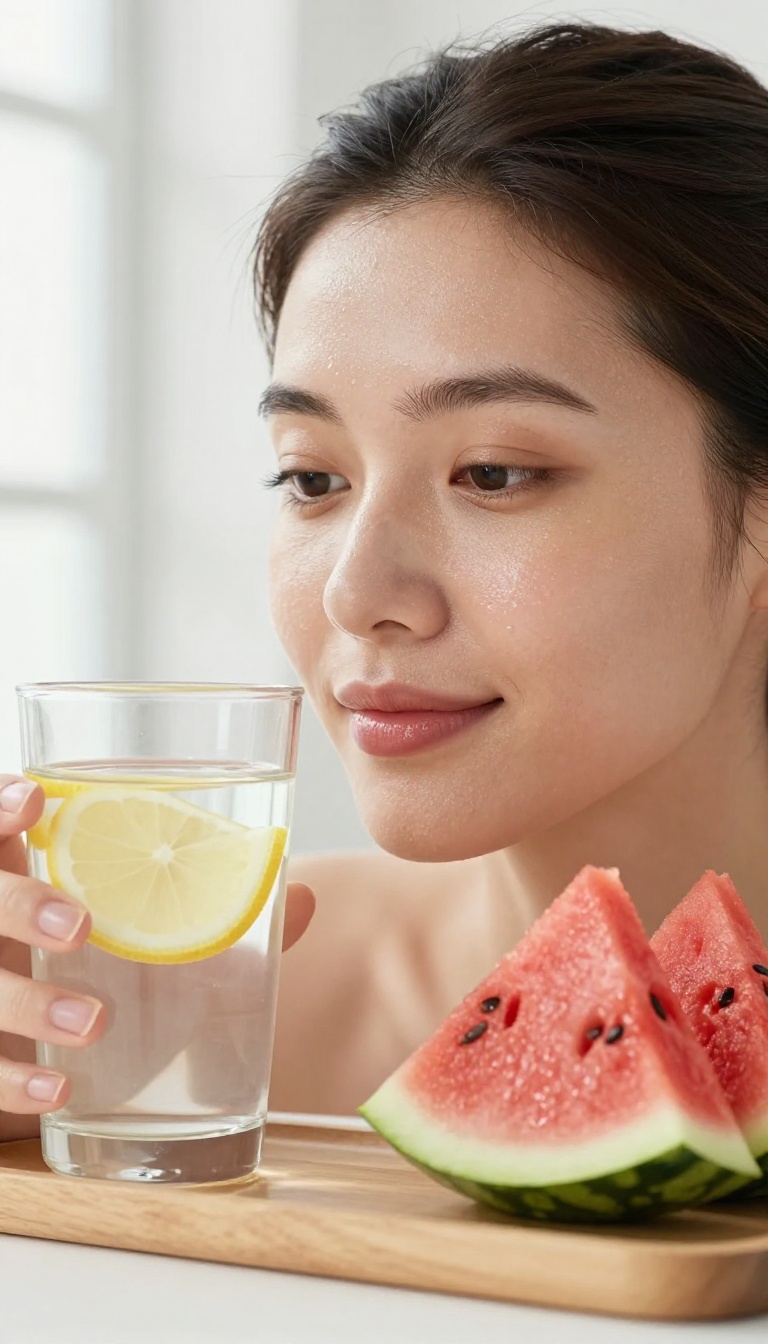 Woman with glowing skin drinking water with lemon, surrounded by hydrating foods