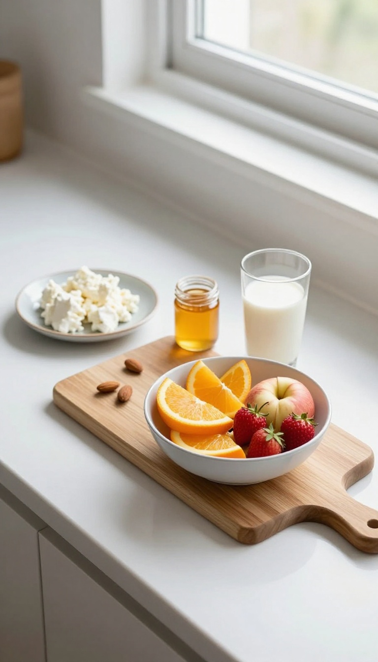 Fresh fruit, almond milk, and goat cheese on a kitchen counter representing cutting down on sugar and dairy for clearer skin