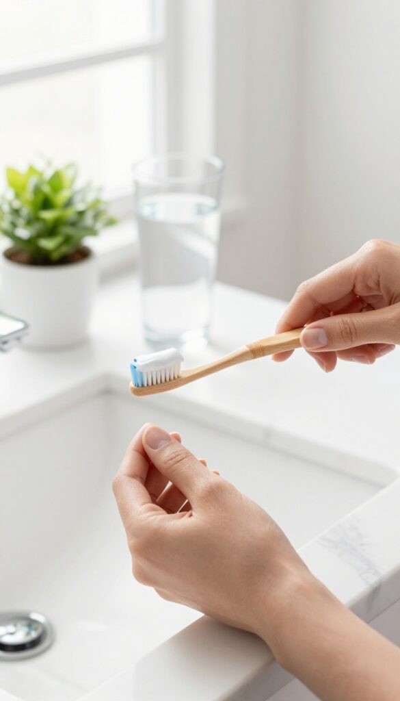 Woman practicing oral hygiene with toothbrush and water in a bright bathroom
