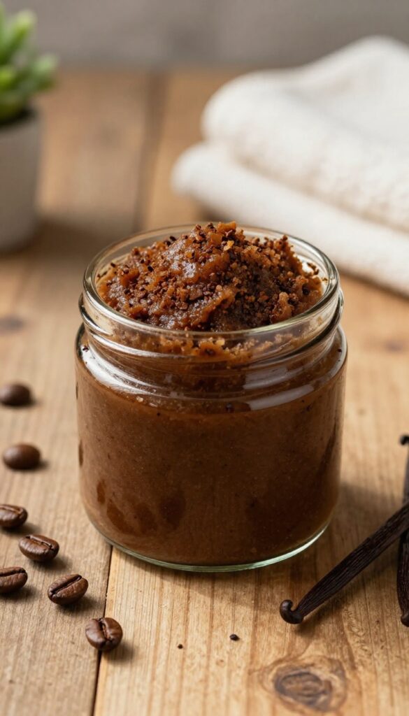 A jar of vanilla coffee body scrub with coffee beans and vanilla pods on a wooden table in a bright bathroom setting.