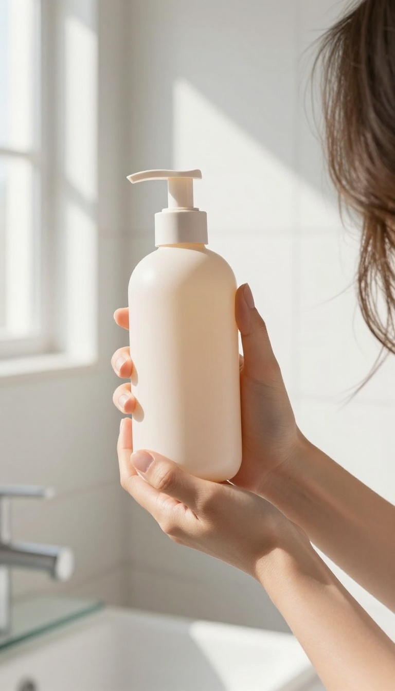 Woman holding a sulfate-free shampoo bottle in a bright bathroom, with smooth, tangle-free hair.