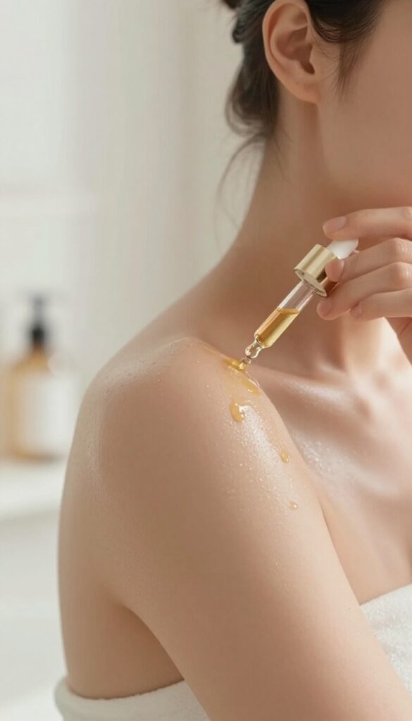 Woman applying body oil to her glowing collarbone in a bright bathroom