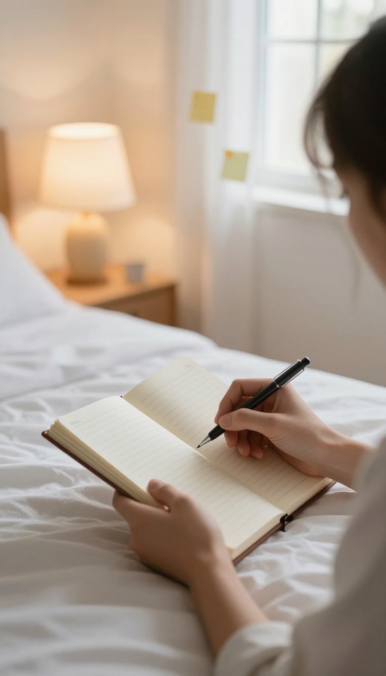 A person writing an intention in a notebook by a lamp, with a sticky note on a mirror, symbolizing setting intentions for the next day.