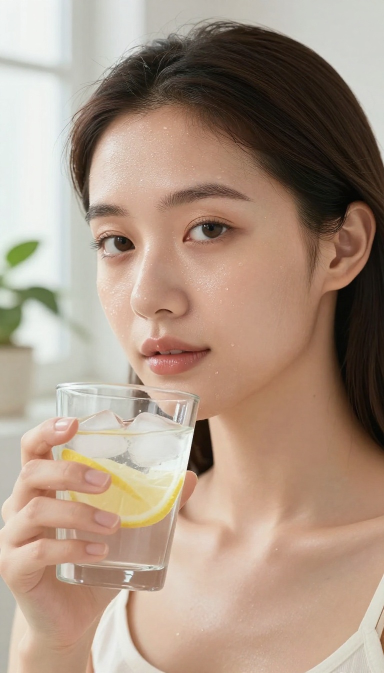 Woman with glowing skin holding a glass of water with lemon, emphasizing hydration for skin health