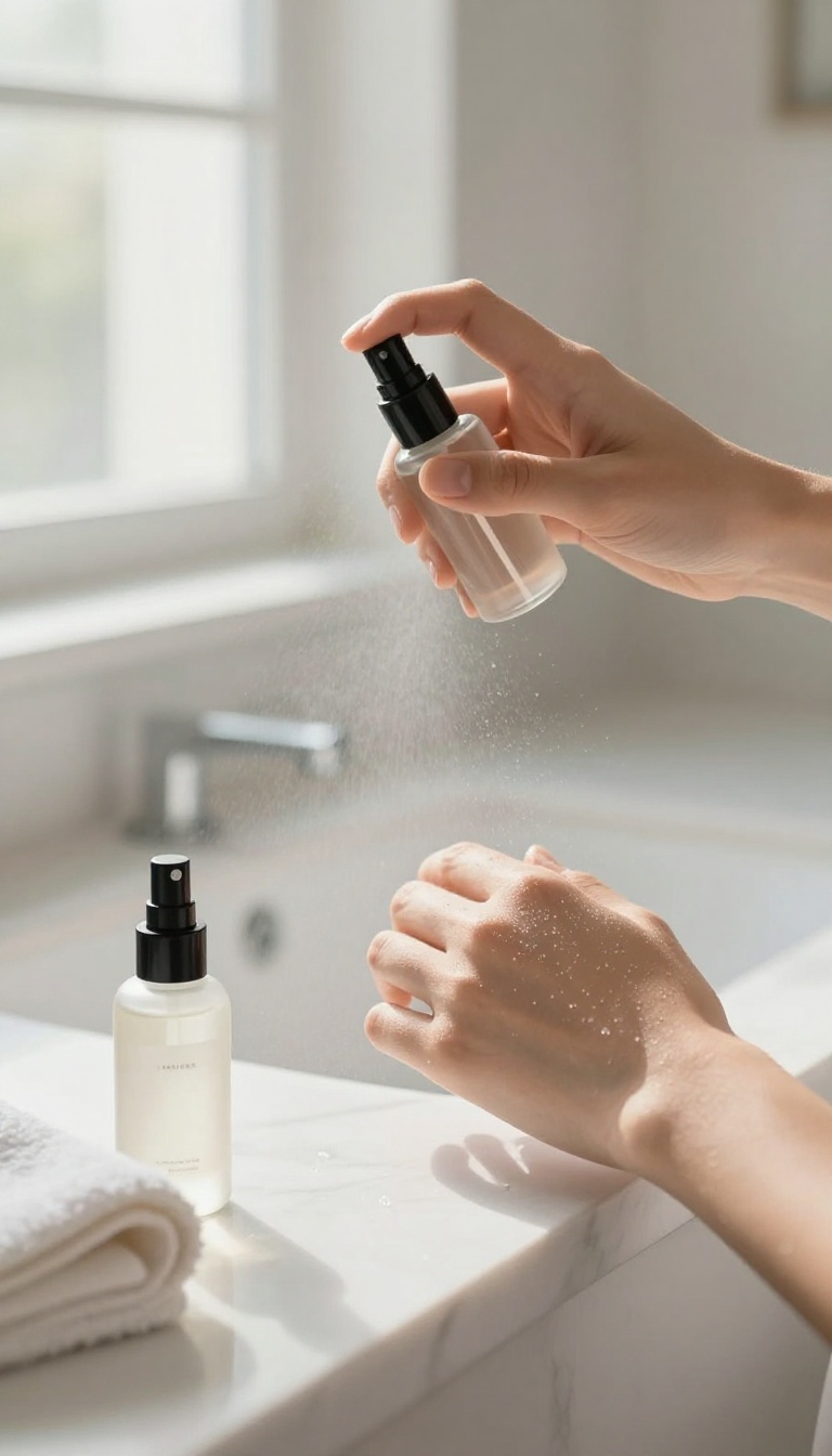 Woman spraying body mist on her arm in a bright bathroom