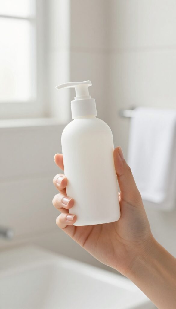A hand holding a plain white fragrance-free body wash bottle in a bright bathroom, symbolizing gentle care for sensitive skin.