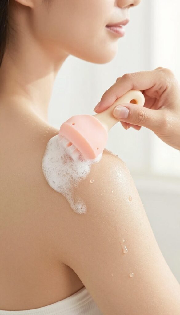 Woman using a silicone scrubber on her elbow in a bright bathroom.