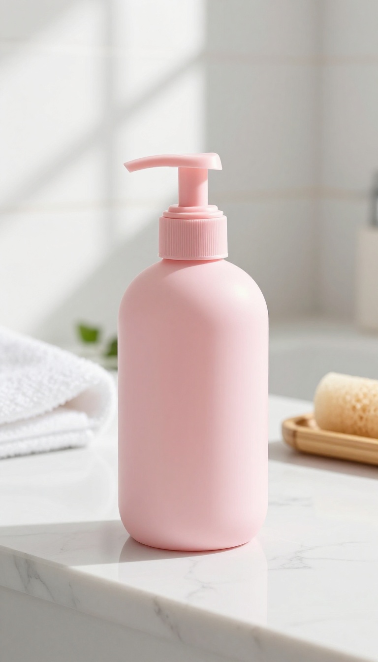 Pink clay body wash bottle in a bright, spa-like bathroom setting