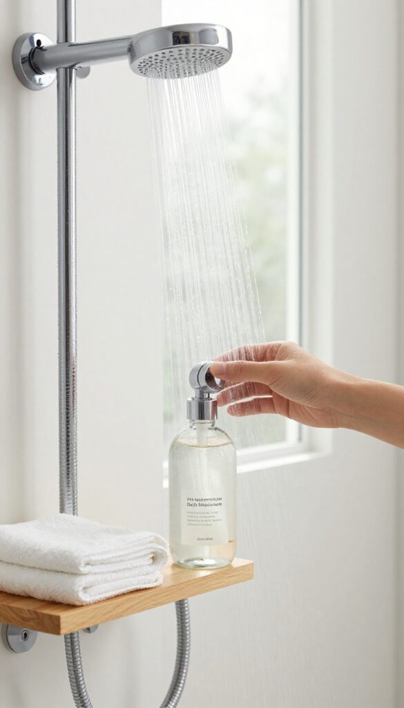 Hand adjusting shower temperature with pH-balanced body wash nearby in a bright bathroom