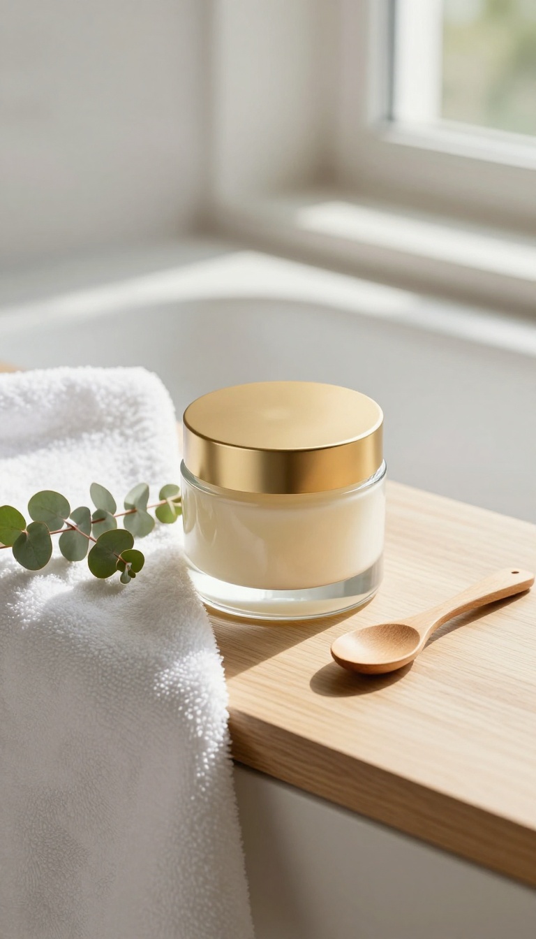 A luxurious body balm in a glass jar on a wooden bathroom shelf with a towel and eucalyptus sprig, bathed in soft natural light.