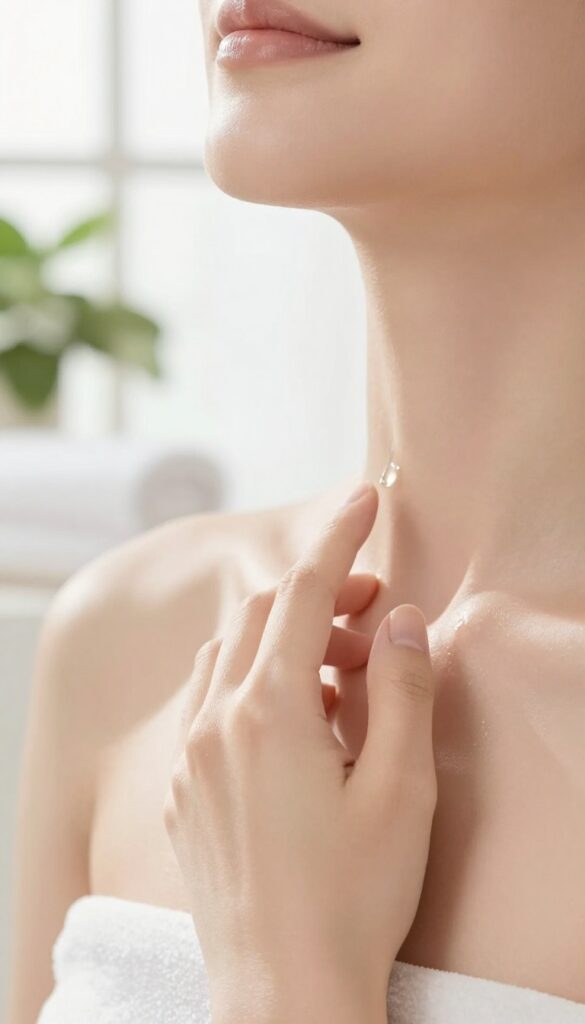 Woman applying serum to her neck and décolletage in a bright bathroom, showing smooth glowing skin