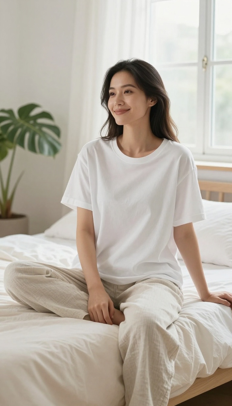 Woman in breathable cotton and linen clothing in a bright, airy bedroom, representing comfortable fabrics for healthy skin