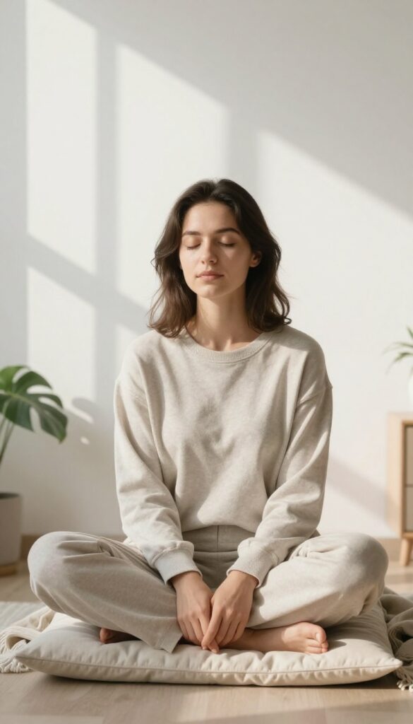 Person practicing deep breathing in a calm, sunlit room