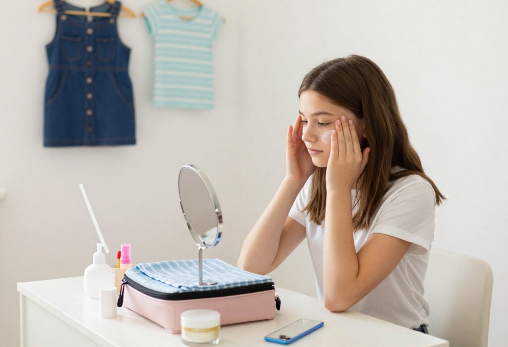 Teen girl doing skincare routine at night before school