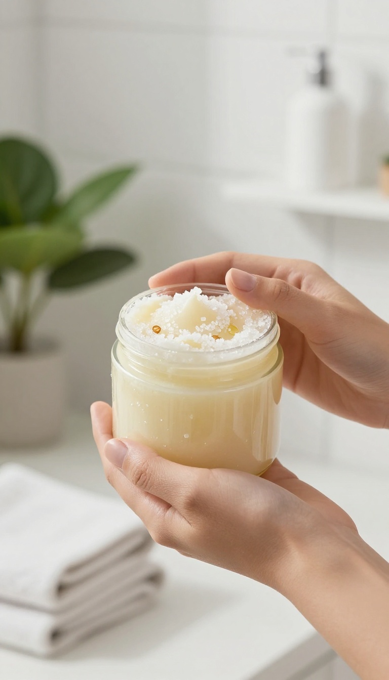 A hand holding a jar of sugar body scrub in a bright bathroom with a blurred background.