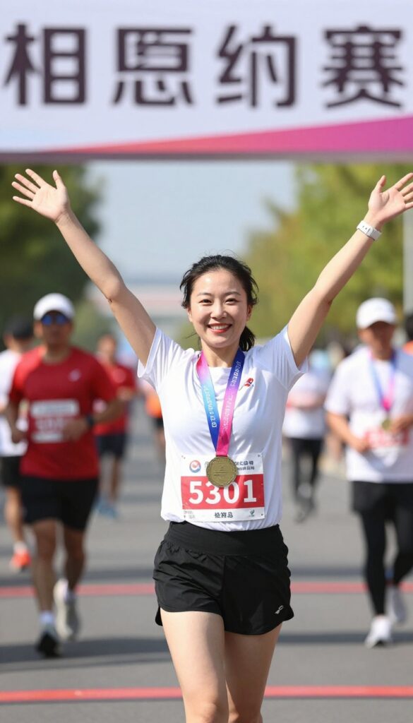 Woman crossing a 5K finish line with arms raised, wearing a medal