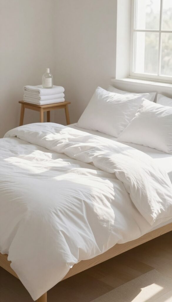 A bright bedroom with fresh white sheets being turned down, sunlight streaming in, and a stack of towels nearby, symbolizing clean bedding for skin health.