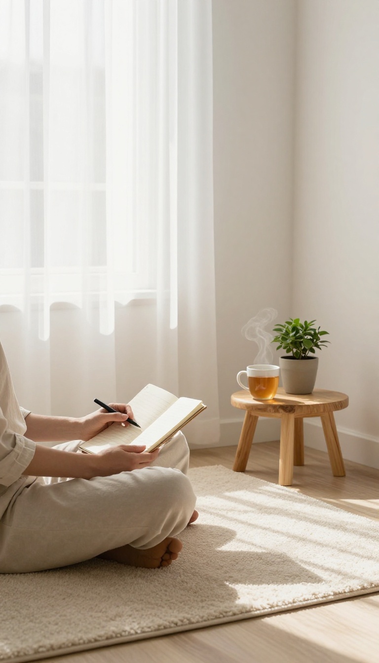 A person reflecting on their weekly progress in a cozy, sunlit room with a notebook and tea.