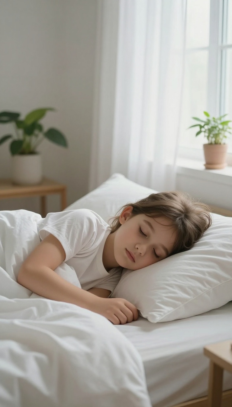 Teenager sleeping peacefully in a bright, cozy bedroom, with soft morning light and healthy glowing skin, representing the benefits of prioritizing sleep for a natural glow.