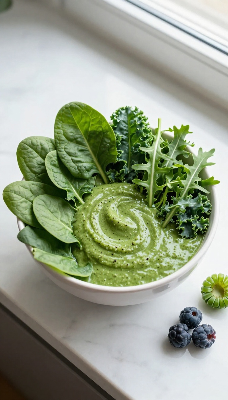Green smoothie bowl with fresh leafy greens and berries on a marble countertop