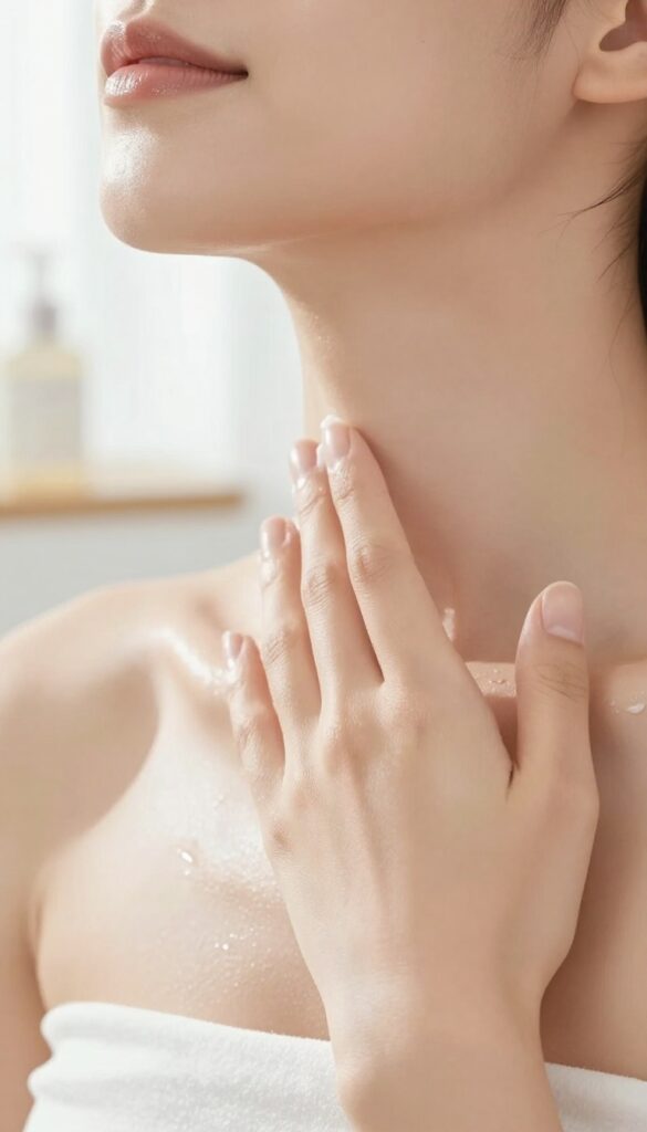 Woman applying moisturizer to her neck and chest in bright natural light, showcasing smooth and glowing skin.