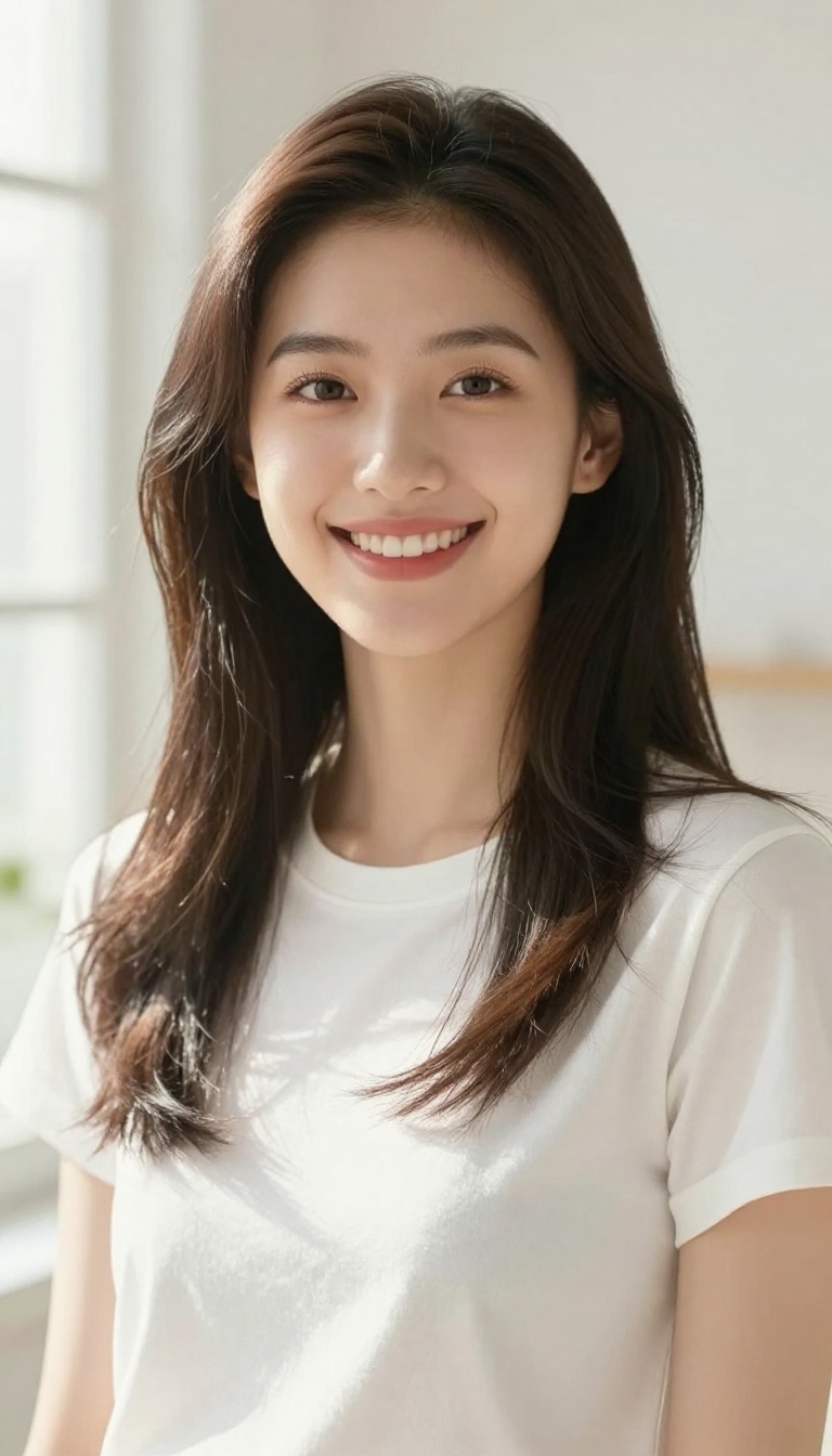 Woman smiling naturally in bright sunlight, feeling polished and confident