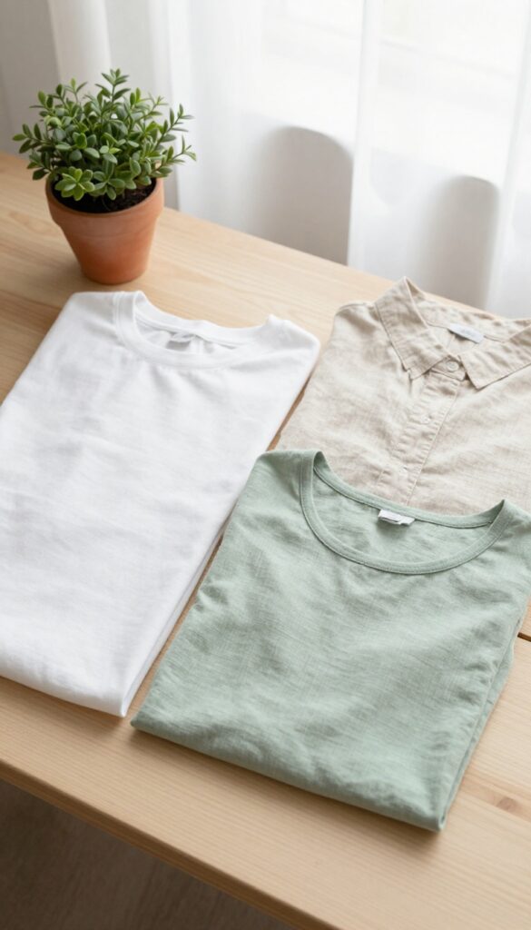 Neatly folded breathable fabrics like cotton, linen, and bamboo on a wooden table with a small plant
