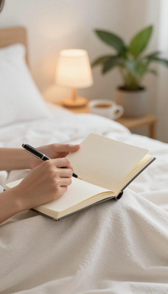 A person writing in a gratitude journal by a warm lamp with tea, creating a peaceful self-care moment.