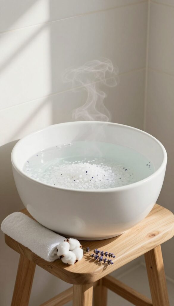 A relaxing foot soak setup with a white basin, Epsom salt, and lavender in a bright, airy bathroom.