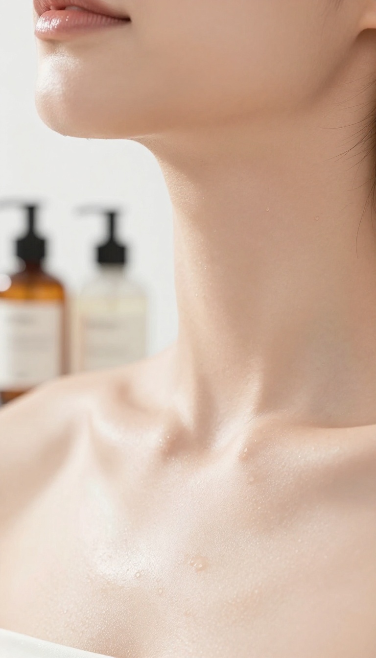 Woman applying skincare to her neck and chest with a gentle upward motion, showcasing smooth radiant skin in bright natural light