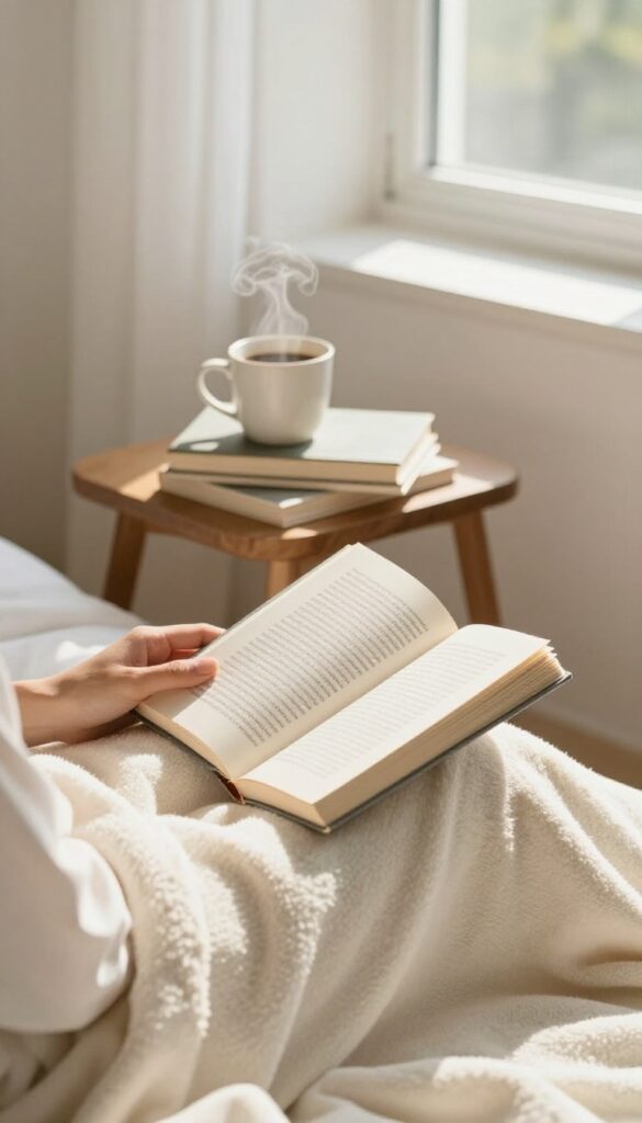 A person reading a book in a cozy, sunlit reading nook with a cup of coffee